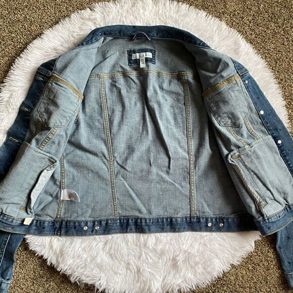 LOFT Trucker Jean Jacket Polka Dots Button Front Womens Size Medium - Picture 3 of 10